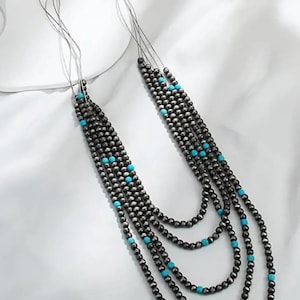 Southwest Silver Tone Faux Navajo Pearl Faux Turquoise Multi Strand Beaded Necklace, Navajo Pearl Necklace, Turquoise Necklace, Beaded