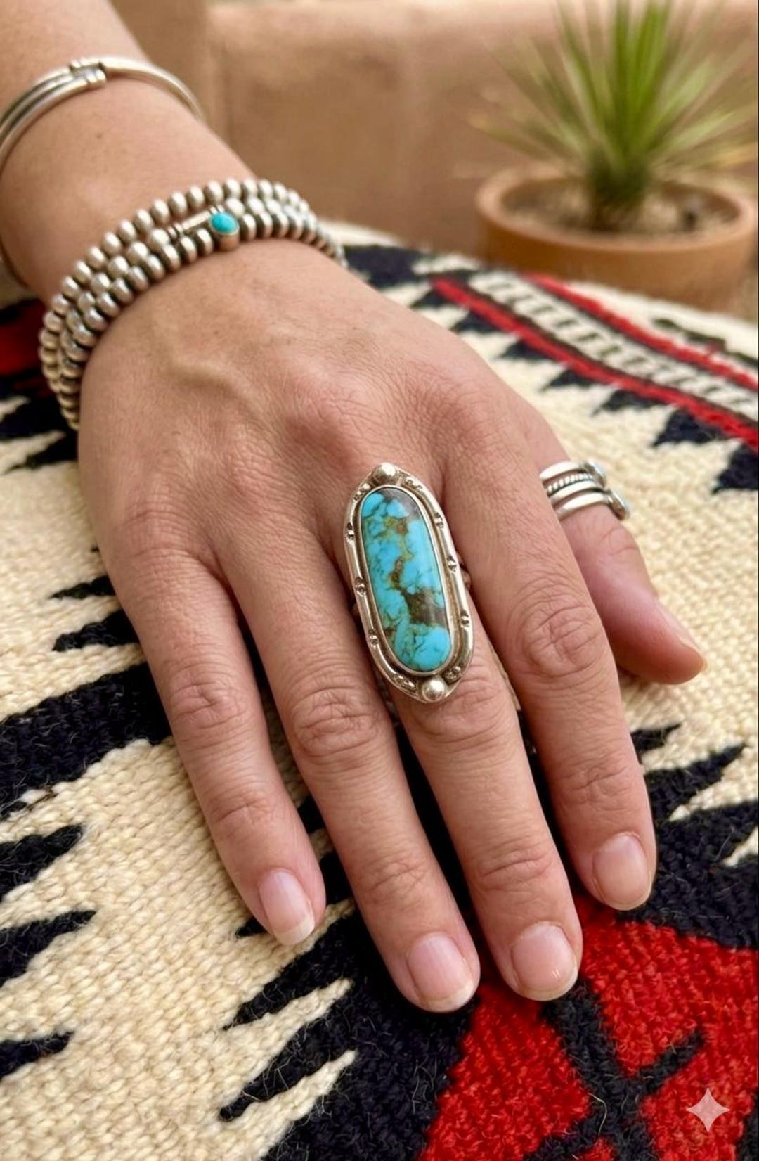 Vintage Signed Navajo Sterling Silver Natural Turquoise Elongated Ring ...