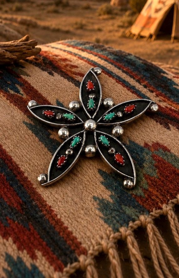 Vintage Zuni Sterling Silver Turquoise Coral Brooch Pin Pendant, Zuni Pendant, Native American Pin, Zuni Brooch, Turquoise Pendant, Zuni