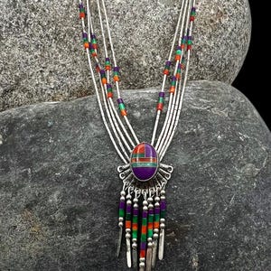 Southwestern Sterling Liquid Silver Faux Multi Stone Inlay Multi Strand Necklace, Liquid Silver Necklace, Southwestern Necklace, Multi Stone