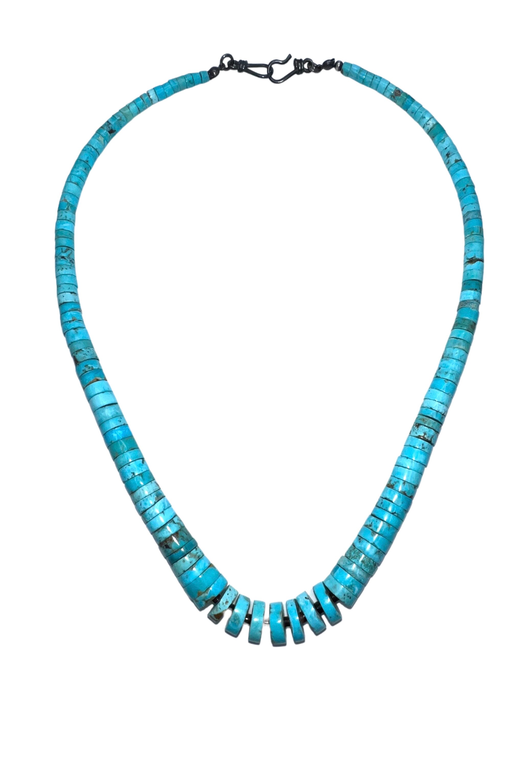 Vintage Santo Domingo Sterling Graduated Natural Turquoise Heishi Bead Necklace, Turquoise Necklace, Turquoise Heishi, Heishi Necklace
