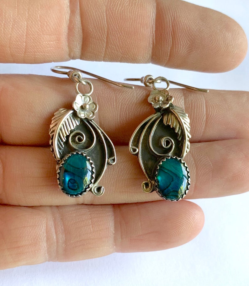 Dangle Earrings Navajo Earrings Navajo Sterling Silver Paua Shell Squash Blossom Dangle Earrings Southwestern Earrings Abalone Earrings