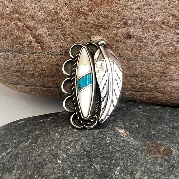 Vintage Navajo Handmade Sterling Silver Turquoise Mother Of Pearl Inlay Ring 7.25, Turquoise Ring, Navajo Ring, Inlay Ring, Navajo Sterling