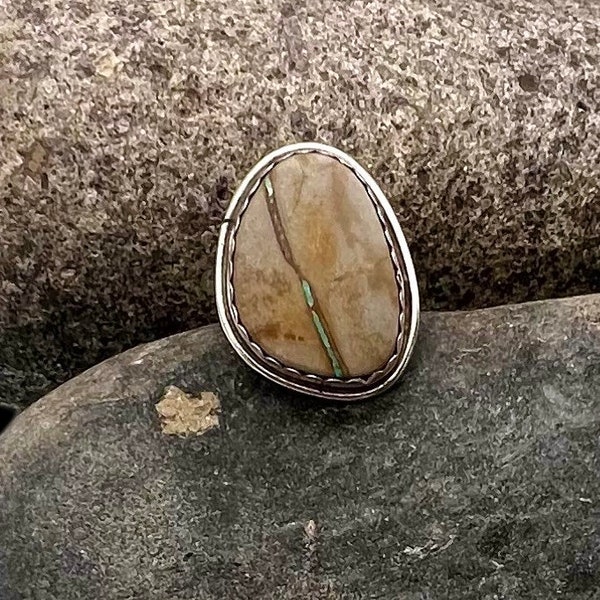 Ricky Ortiz Signed Navajo Handmade Sterling Silver Boulder Ribbon Turquoise Ring 8, Turquoise Ring, Navajo Ring, Navajo, Navajo Sterling