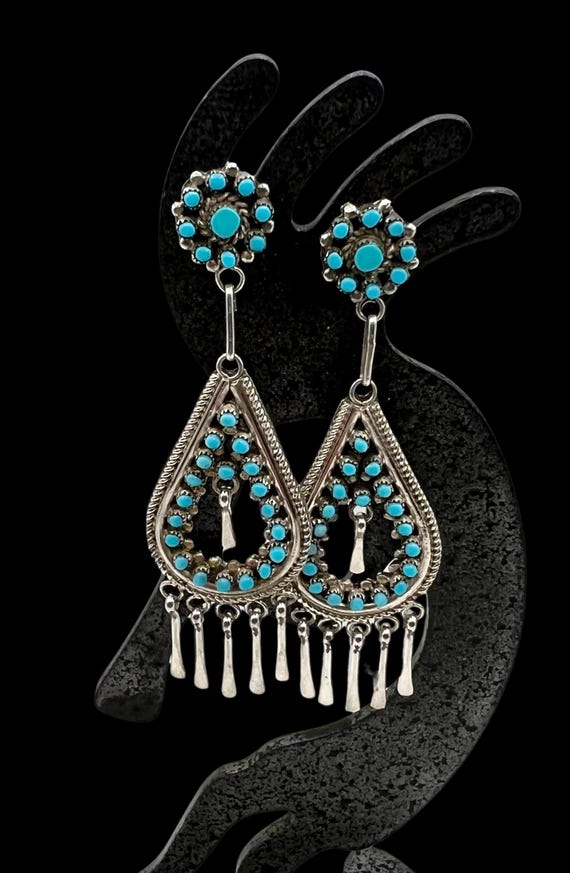 Zuni Sterling Silver Turquoise Snake Eye Petit Point Dangle Earrings, Zuni Turquoise Earrings, Zuni Earrings, Zuni Turquoise Earrings, Zuni