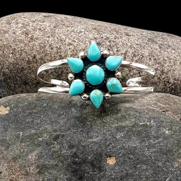 Signed Mexico Sterling Silver Faux Turquoise Cluster Cuff Bracelet 7”, Turquoise Cuff, Mexico Cuff, Southwest Cuff, Mexico Bracelet, Cuff