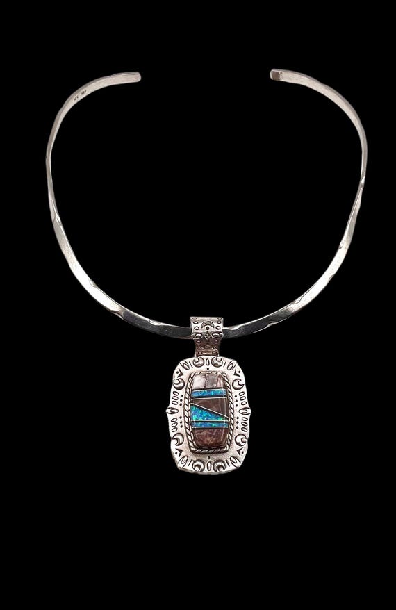 Rosella Sandoval Navajo Sterling Silver Wild Horse Turquoise Lab Opal Mosaic Inlay Necklace, Turquoise Necklace, Navajo Necklace, Turquoise
