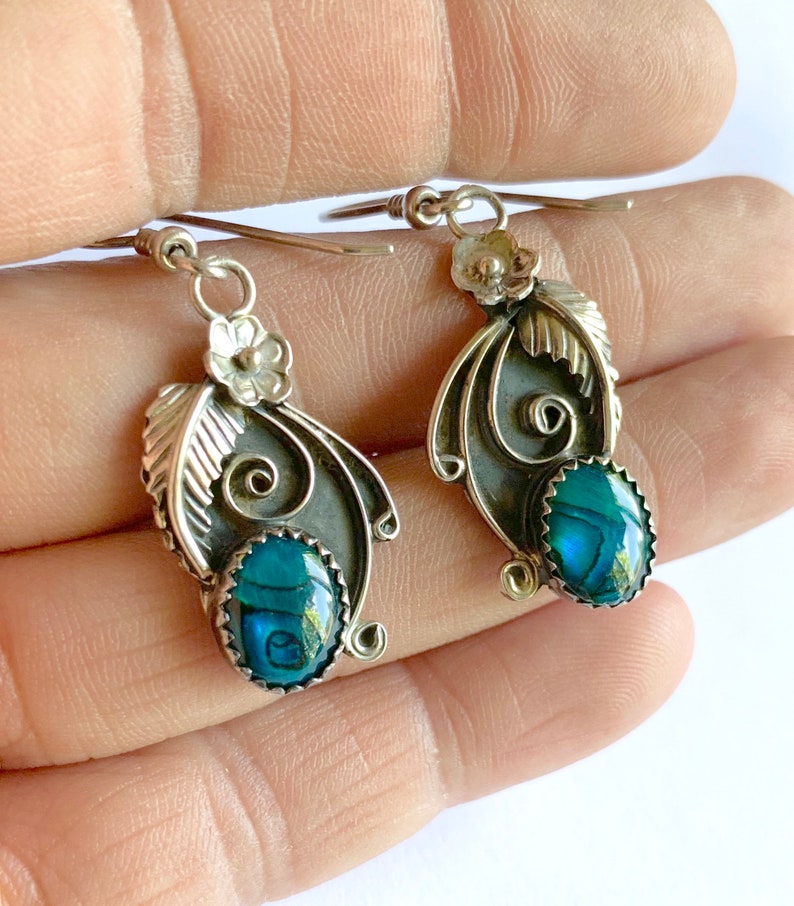 Dangle Earrings Navajo Earrings Navajo Sterling Silver Paua Shell Squash Blossom Dangle Earrings Southwestern Earrings Abalone Earrings