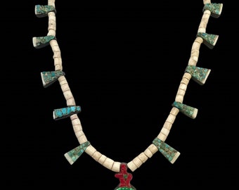 1930’s Santo Domingo Pueblo Natural Turquoise Bone Thunderbird Heishi Bead Depression Necklace, Thunderbird Necklace, Santo Domingo Necklace