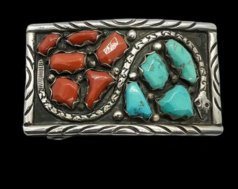 Wayne Cheama Signed Zuni Handmade Sterling Silver Turquoise Coral Snake Belt Buckle, Turquoise Belt Buckle Zuni Belt Buckle, Coral Buckle