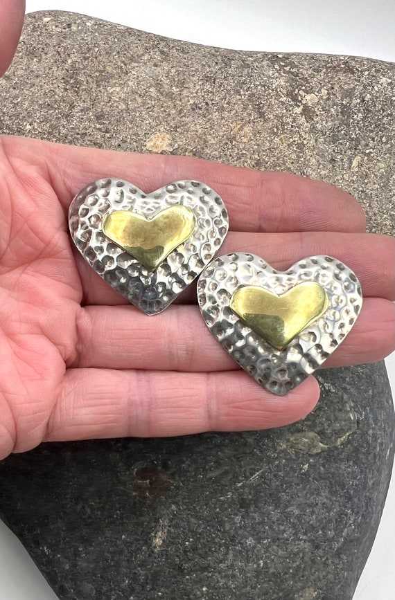 Mexico Sterling Silver Brass Two Tone Heart Stud S