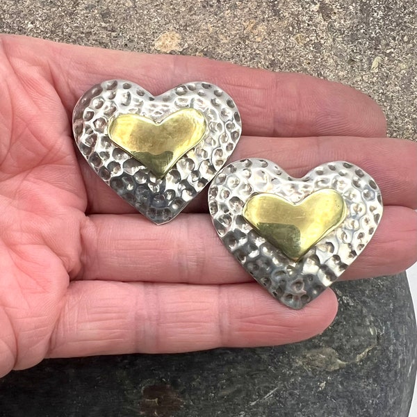 Mexico Sterling Silver Brass Two Tone Heart Stud Statement Earrings, Heart Earrings, Mexico Earrings, Two Tone Earrings, Mexico Sterling