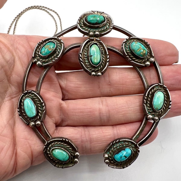 Vintage Navajo Handmade Sterling Silver Natural Turquoise Naja Pendant Necklace, Turquoise Necklace, Navajo Necklace, Naja Necklace, Naja