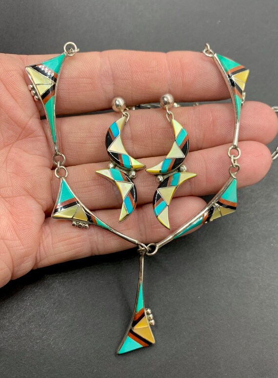 Signed Zuni Sterling Turquoise Multi Stone Inlay N
