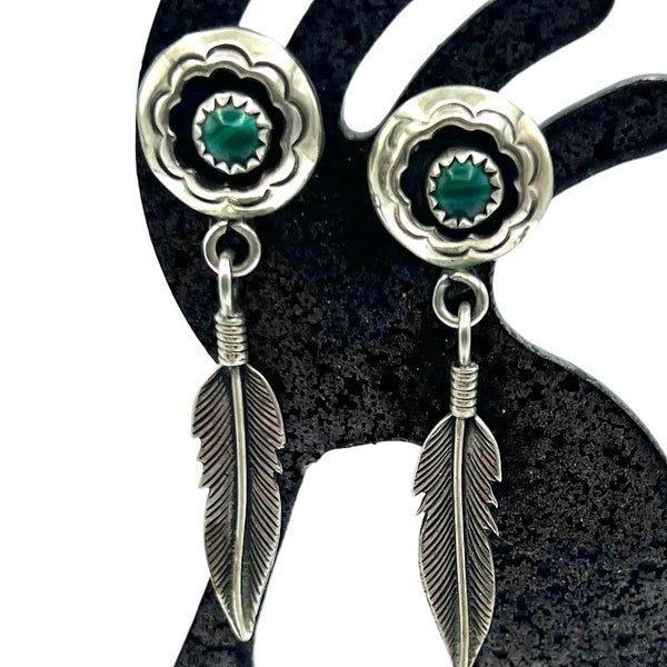 Vintage Navajo Handmade Sterling Silver Malachite Feather Dangle Earrings, Malachite Earrings, Navajo Earrings, Feather Earrings, Navajo