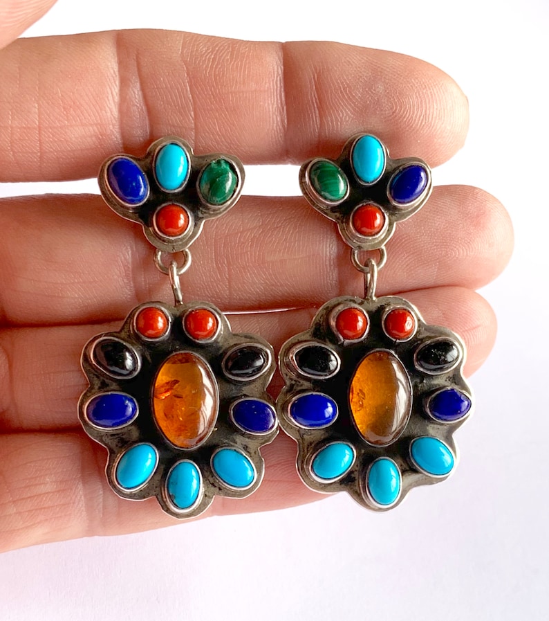 Turquoise Dangle Turquoise Earrings Navajo Earrings Coral Earrings Dangle Earrings Navajo Sterling Silver Multi Stone Dangle Earrings