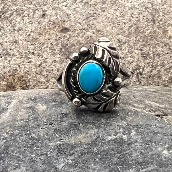 Vintage Signed Navajo Handmade Sterling Silver Natural Turquoise Ring 6.75, Turquoise Ring, Navajo Ring, Navajo, Navajo Turquoise Ring
