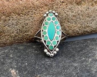 Vintage Zuni Dishta Handmade Sterling Silver Turquoise Flush Inlay Ring 6, Turquoise Ring, Zuni Turquoise Ring, Zuni Dishta, Dishta Ring