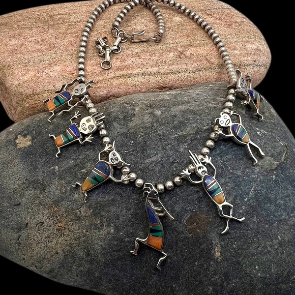 BG Mudd Rock Critters Navajo Style Sterling Silver Turquoise Multi Stone Mosaic Inlay Bib Necklace, Southwest Necklace, BG Mudd Necklace