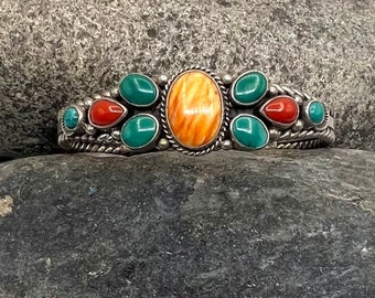 Derrick Gordon Handmade Navajo Sterling Silver Turquoise Spiny Oyster Cuff Bracelet, Turquoise Cuff, Southwestern Cuff, Navajo Cuff, Cuff