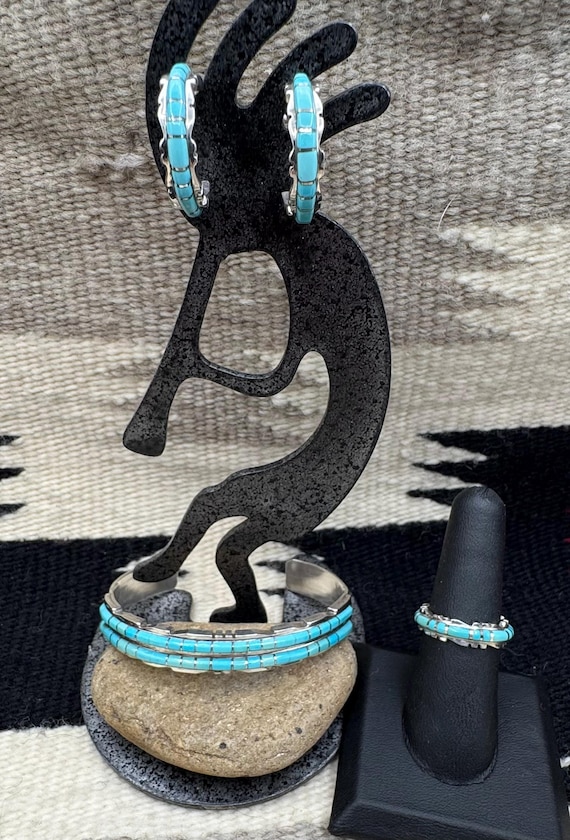 Sheldon Lalio Zuni Turquoise Sterling Silver Cuff Bracelet Earrings Ring Set, Zuni Earrings, Zuni Ring, Zuni Cuff, Zuni Jewelry Set, Zuni