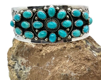 Violet Nez Signed Navajo Sterling Silver Turquoise Cluster Cuff Bracelet 6 7/8”, Turquoise Cuff, Navajo Cuff, Southwestern Cuff, Navajo