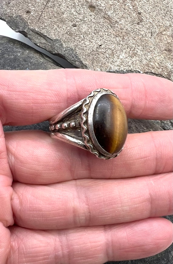 Navajo Signed Sterling Silver Tigers Eye Mens Rin… - image 3
