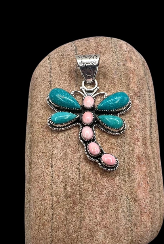 Signed Navajo Sterling Silver Turquoise Pink Conch
