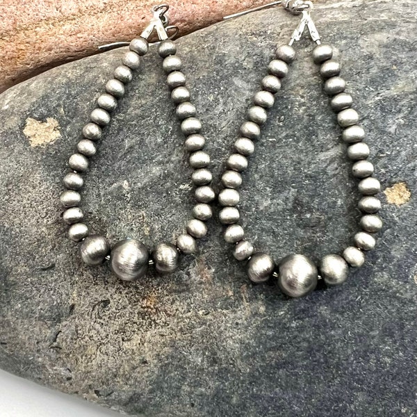 Handmade Navajo Pearl Style Silver Tone Beaded Teardrop Hoop Dangle Earrings, Navajo Pearl Earrings, Southwest Earrings, Southwestern Hoops