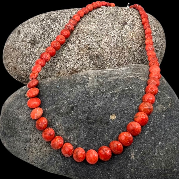 Handmade Sterling Silver Natural Orange Red Apple Coral Beaded Necklace, Coral Necklace, Coral Beaded Necklace, Coral Sterling, Coral