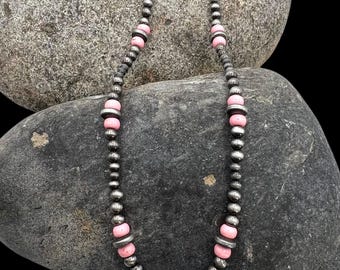 Southwest Faux Navajo Pearl Silver Tone Faux Pink Conch Beaded Necklace 34&quot;, Navajo Pearl Necklace, Southwest Necklace, Conch Necklace