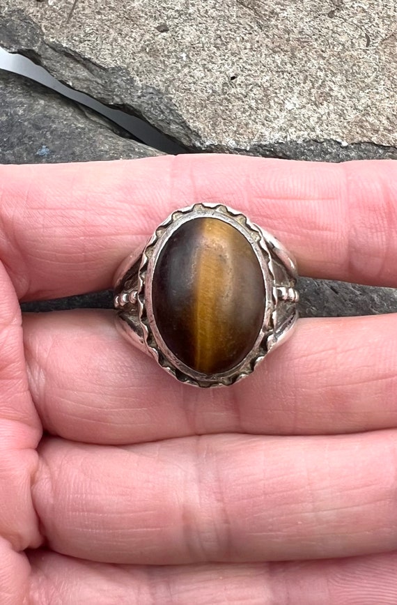Navajo Signed Sterling Silver Tigers Eye Mens Rin… - image 2
