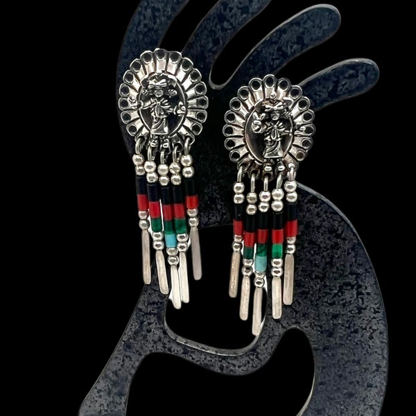 Quoc Style Sterling Silver Multicolored Beads Concho Kachina Dangle Earrings, Southwest Earrings, Quoc Earrings, Kachina Earrings, Southwest