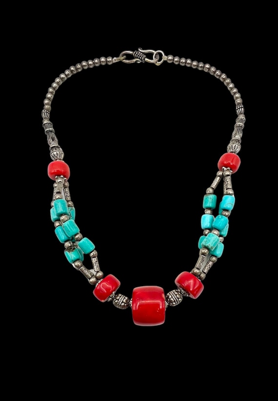 Boho Sterling Silver Turquoise Natural Red Coral B