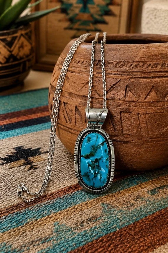 William Johnson Navajo Sterling Silver Blue Turquoise Necklace, Turquoise Necklace, Navajo Necklace, Native American Necklace, Navajo