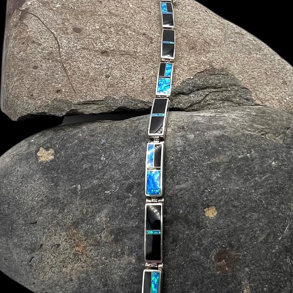 David Rosales Supersmith Navajo Sterling Silver Onyx Lab Opal Mosaic Inlay Link Bracelet 7”, Navajo Bracelet, Opal Bracelet, Onyx Bracelet