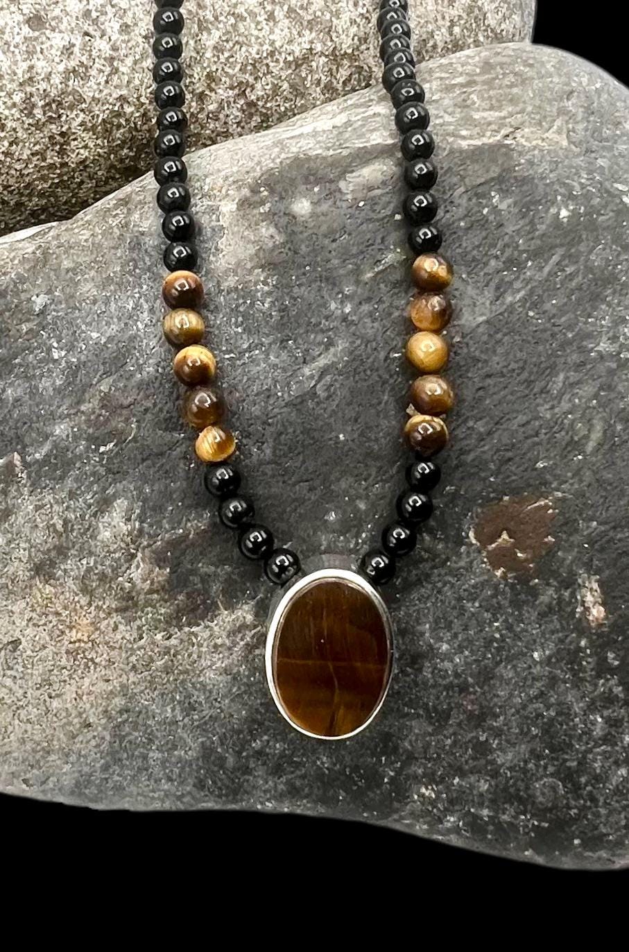 Southwestern Style Sterling Silver Tigers Eye Onyx Beaded Choker Necklace, Tigers Eye Necklace, Onyx Necklace, Southwest Necklace, Choker