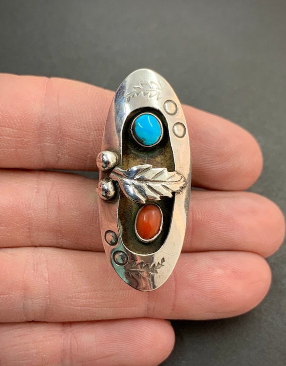 Signed Navajo Sterling Silver Turquoise Coral Ring