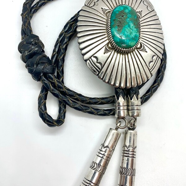 JB Signed Navajo Sterling Silver Natural Green Turquoise Black Leather Bolo Tie, Turquoise Bolo Tie, Bolo, Southwestern Bolo, Navajo Bolo