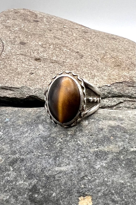Navajo Signed Sterling Silver Tigers Eye Mens Rin… - image 1