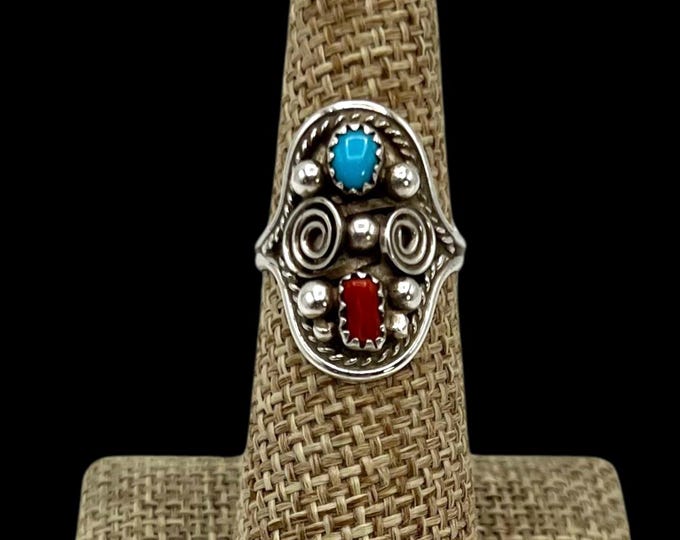 Vintage Navajo Handmade Sterling Silver Turquoise Coral Multi Stone ...