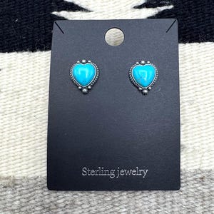 Navajo Native Sterling Silver Turquoise Heart Stud Earring, Turquoise Earrings, Navajo Earrings, Heart Earrings, Native American Earrings