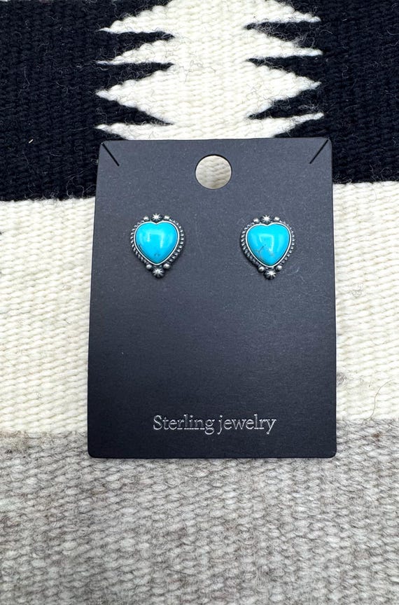 Navajo Native Sterling Silver Turquoise Heart Stud Earring, Turquoise Earrings, Navajo Earrings, Heart Earrings, Native American Earrings
