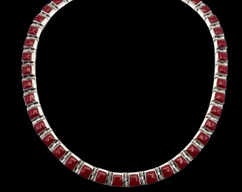 Mexico Heavy 950 Sterling Silver Faux Red Coral Choker Collar Necklace, Collar Necklace, Mexico Necklace, Coral Necklace, Mexico Choker