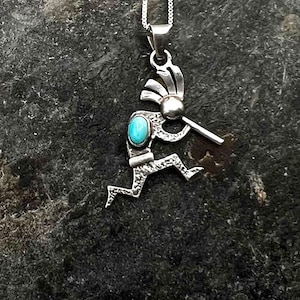 Ervin Hoskie Navajo Sterling Silver Natural Turquoise Kokopelli Pendant Necklace, Kokopelli Necklace, Navajo Necklace, Turquoise Necklace