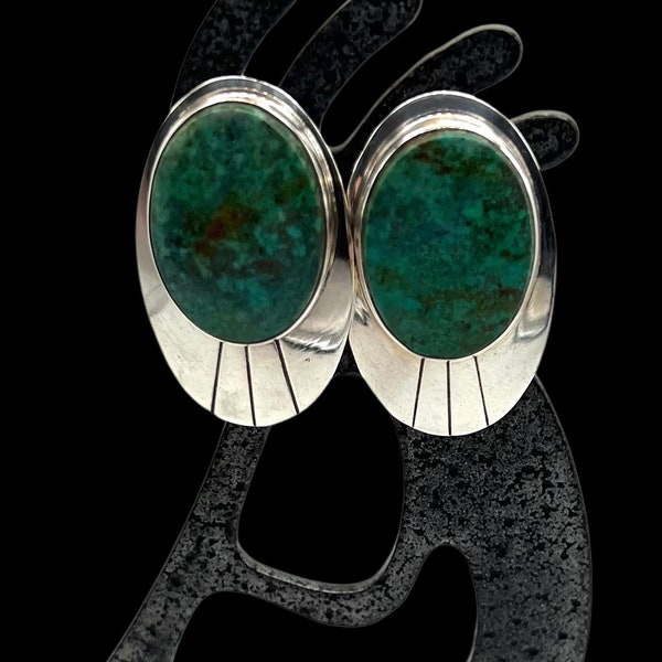 Vintage Navajo Sterling Silver Natural Green Bisbee Chrysocolla Statement Stud Earrings, Chrysocolla Earrings, Navajo Earrings, Navajo