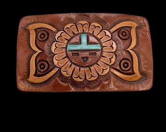 Vintage Handmade Zuni Tooled Genuine Leather Sunface Kachina Belt Buckle, Leather Belt Buckle, Zuni Belt Buckle, Handmade Buckle, Buckle