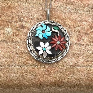 Carrie Lalio Zuni Sterling Silver Turquoise Multi Stone Floral Pendant Necklace, Zuni Necklace, Turquoise Necklace, Zuni Inlay Necklace