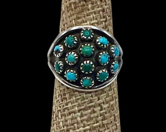 Vintage Zuni Handmade Sterling Silver Natural Turquoise Petit Point Cluster Ring 5, Turquoise Ring, Zuni Turquoise Ring, Zuni Ring, Zuni