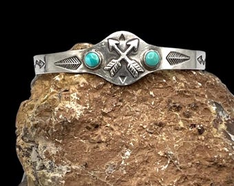 Southwest Fred Harvey Sterling Silver Arrow Faux Turquoise Cuff Bracelet 6.25", Southwest Cuff, Turquoise Cuff, Fred Harvey Cuff, Cuff